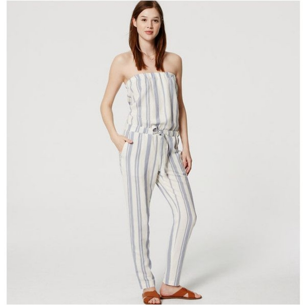 Loft S Strapless Striped Jumpsuit W/ Pockets
